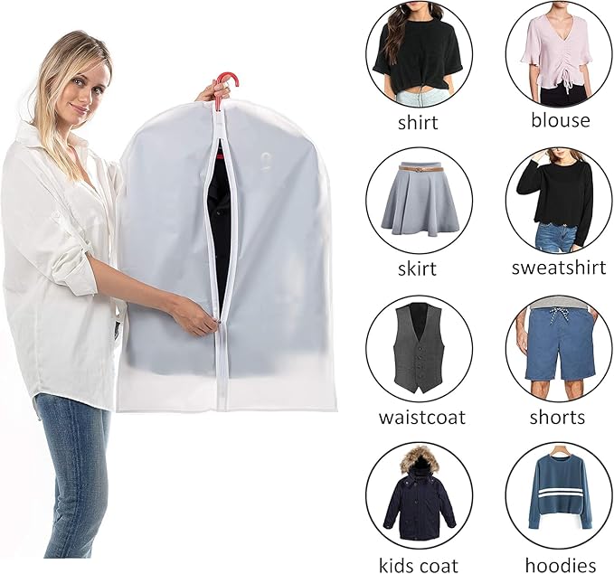 6 Pack Shirt Garment Bags (24x36") - Dustproof Short Suit Covers - Durable PEVA Closet Bags with Sturdy Zipper for Blouses, Jackets, Sweaters & T-Shirts (Translucent)