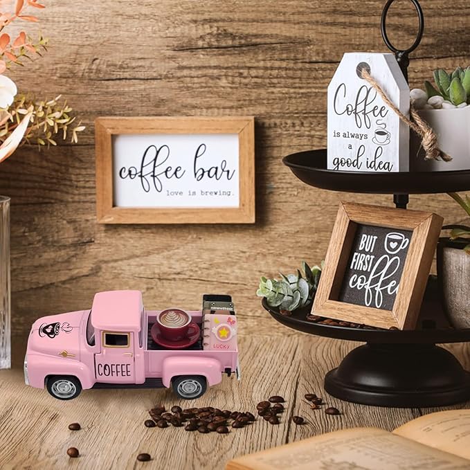 Coffee Bar Decor Vintage Mini Metal Pickup Truck Decor with Book Accessories for Coffee Station, Farmhouse Tiered Tray Tabletop Decorations for Home Kitchen, Office, Cafe