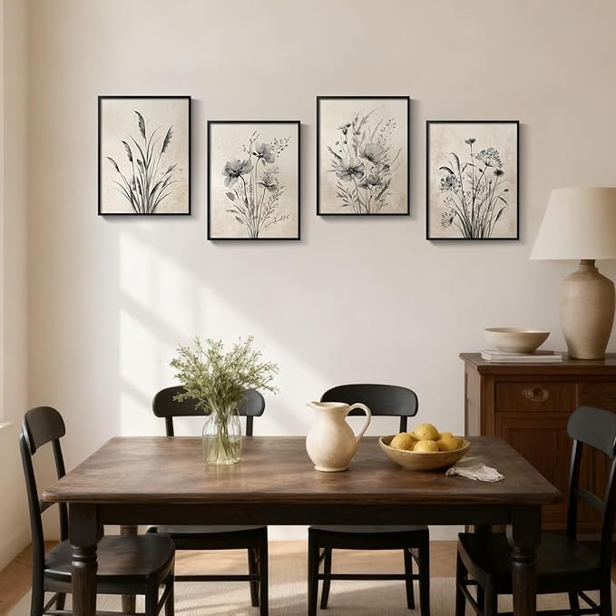 Framed Boho Vintage Botanical Wall Art, 4 Piece Black and White Floral Canvas Prints for Modern Farmhouse Bathroom, Natural Rustic Flower Artwork for Bedroom Kitchen Hallway Wall Decor, 11x14