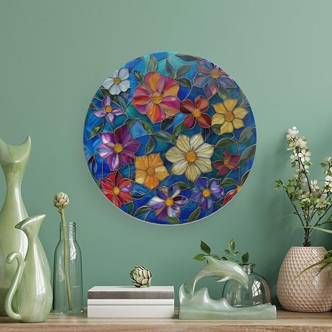 Stained Glass Theme Decorative Ceramic Plate Round Porcelain Plate,6 inch,Colorful Flowers Pattern,for Decorative Ornaments Giving Plates, 1 Plate with 1 Display Stand,Multicolor
