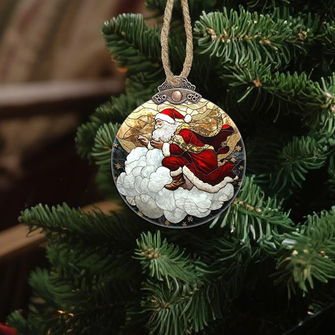 DASTOLL Stained Glass Christmas Decorations, Santa Claus Riding A Cloud Suncatcher for Window Christmas Tree Hanging Ornaments Gold Star Sun Catcher Xmas Decor Gifts for Women Men Mom Nana Friend