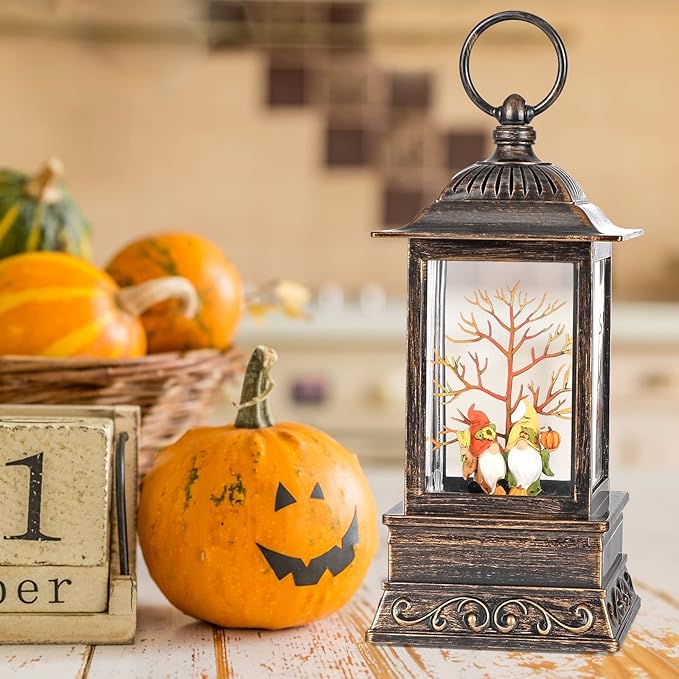Fall Snow Globe Decorations, Glitter Gnome Lantern with 6H Timer, USB/Battery Powered Lighted Décor for Home, Tabletop, Gift Box