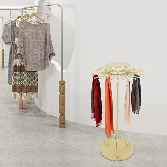 Scarf Display Stand, Commercial Hijab Organizer with 30 Rods, 360°Rotation Scarf Holder Display Rack Organizer for Boutique Retail Store, Apartment, Home Use (Gold, 27.6'')