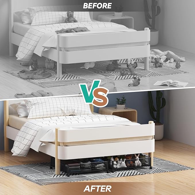 Under Bed Storage Containers with Wheels - Shoe Storage Organizer Drawer, Tool-free Assembly Metal Underbed Storage Containers for Bedroom Clothes, Shoes, Blankets - 2Pack