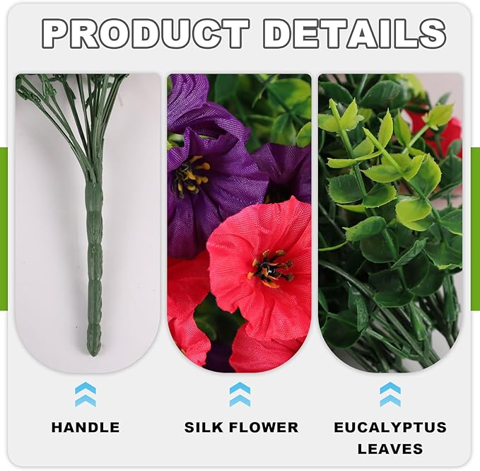Fake Artificial Hanging Flowers for Outdoor, 2 PCS Silk Morning Glory Faux Flowers with Eucalyptus Leaves,Realistic Hanging Plants for Wedding Home Office Garden Decor