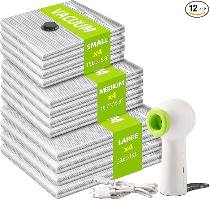 12 Pack Vacuum Bags for Travel with Rechargeable Air Pump Equipped LED Light,Vacuum Travel Bags,Vacuum Storage Bags (4L+4M+4S),80% Space Saver Vacuum Seal Bags for Blankets,Comforters,Luggage