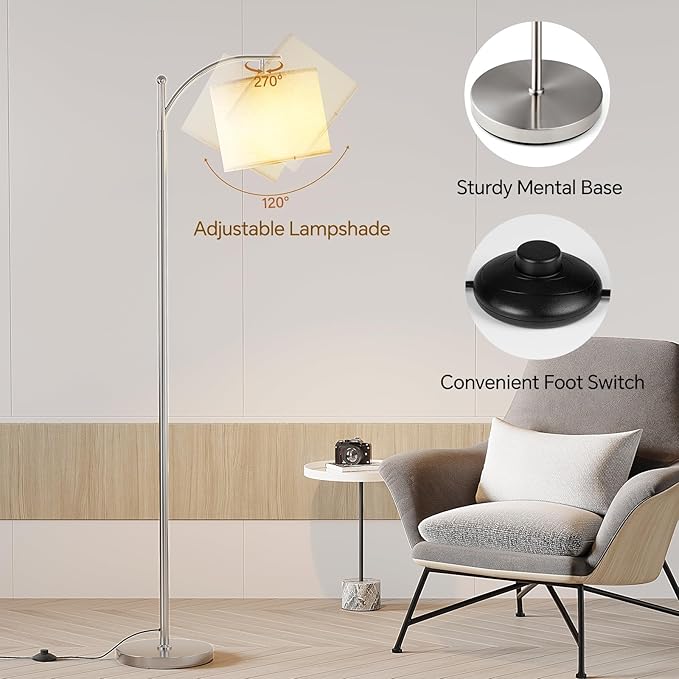 SUNMORY Arc Floor Lamp, Modern Floor Lamp with 9W 3 Color Temperatures Bulb, Metal Standing Lamps with Adjustable Hanging Lampshade, Tall Floor Lamps for Living Room, Bedroom, Office