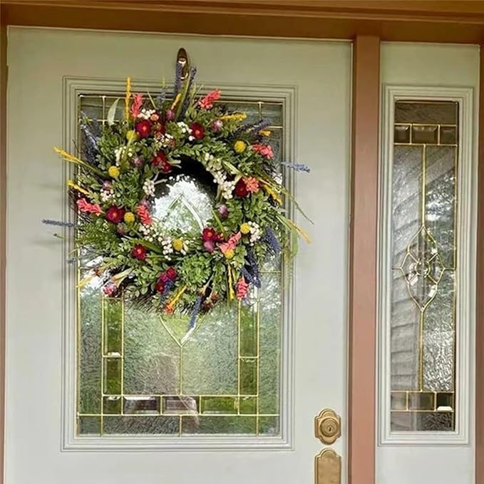 20 Inch Summer Wreaths for Front Door, Artificial Daisy Wildflower Lavender Front Door Wreath Spring,Green Eucalyptus Wreath for Window Wall Farmhouse Home Decor Porch Outdoor