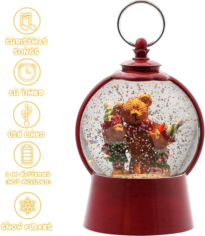 Christmas Snow Globe Lantern with Swirling Glitter Christmas Home Decoration Elf Bear Musical Snow Globe, 6 Hour Timer, USB Powered & Battery Operated Music Box for Holiday
