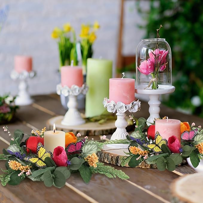 6 PCS Spring Lavender Tulips Hanging Wreaths for Kitchen Cabinets Artificial Small Floral Wreaths for Front Door with Butterfly Spring Summer Mini Wreath for Home Farmhouse Window Porch Wall Decor