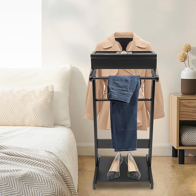Wood Suit Rack Stand, Freestanding Valet Stand with Base and Drawer, Suit Valet Stands Organizer for Men and Women, Clothes Coat Valet Rack for Bedroom Office Entryway(Black)