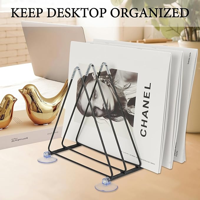 Vinyl Record Holder Storage, 5 Slot Metal Record Stand Magazine Newspaper Album Display Rack Desktop Triangle File Holders for Office Home Black
