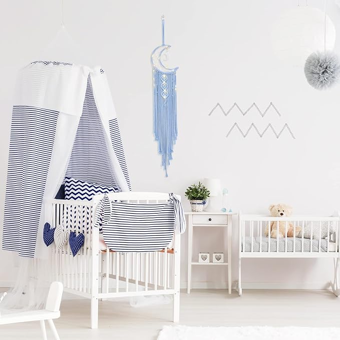 Boho Macrame Woven Wall Hanging, Crochet Crescent Moon Star Dream Catcher with Light- Blue Cotton Handmade Bohemian Home Decor Decoration Art for Kids Bedroom Nursery Dorm Room