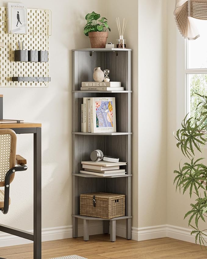 Corner Shelf, 5 Tier Corner Bookshelf, Display Corner Shelf Stand with Storage Rack, Wall Corner Bookshelf for Living Room, Bedroom, Office, Grey
