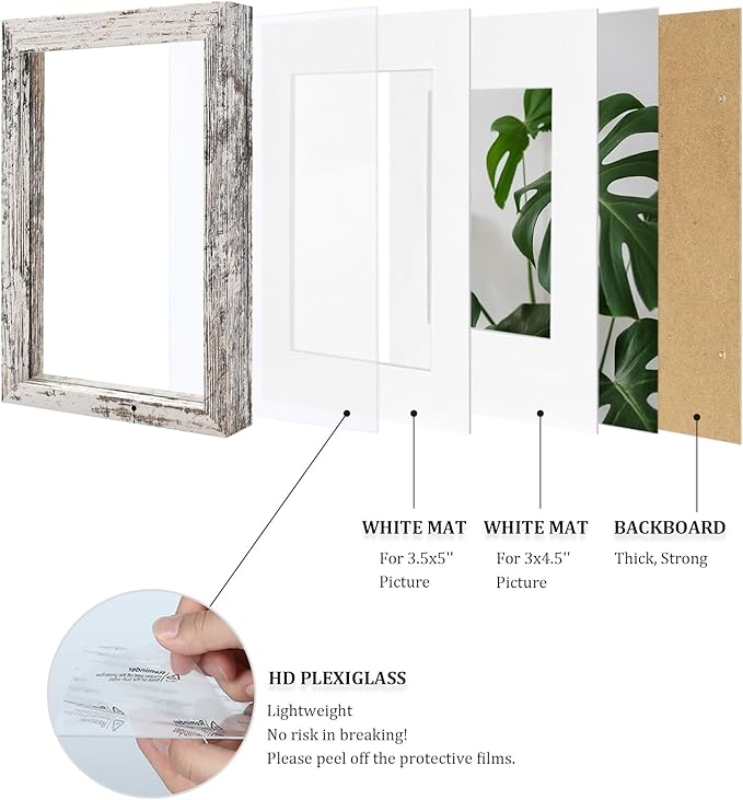 Egofine 4x6 Picture Frames Set of 4, Made of Solid Wood Covered by Plexiglass 3x4.5 and 3.5x5 with Mat or 4x6 without Mat, for Table Top Display and Wall Mounting Photo Frame Rustic White