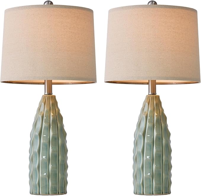 USumkky Ceramic Table Lamps Set of 2, 23.75" Modern Farmhouse Bedside Lamp - Green Nightstand Lamps for Bedroom, Boho Living Room End Tables, Small Office Desk Lamp Decor