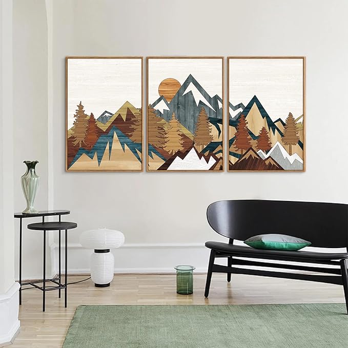 SIGNINART Vintage Mountain Framed Canvas Wall Art, Boho Sunrise Art Prints, Forest Nature Wilderness Art Paintings, Modern Farmhouse Woodcut Style Wall Decor for Living Room Bedroom, Office 16"x24"x3