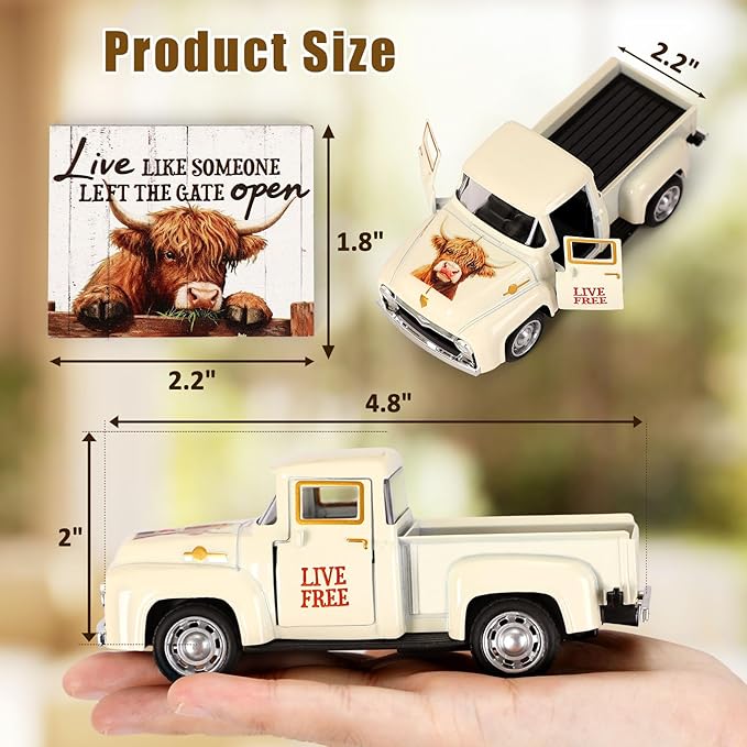 Huray Rayho Highland Cow Metal Truck Decor - with Live Like Someone Left The Gate Open Wooden Sign, Highland Cow Gifts Stuff for Women Farmhouse Western Office Decor for Home,Shelf,Tiered Tray,Table