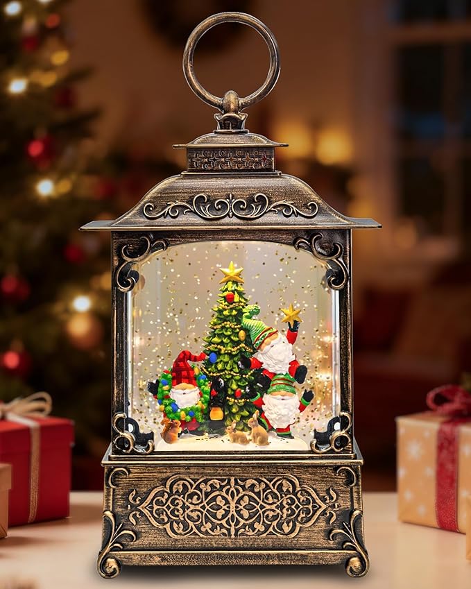 Musical Elf Christmas Tree Snow Globe - Electric Plastic Christmas Snow Globe Lantern, Lighted Glitter Globe with Swirling Sparkle and LED Lights, Holiday Decoration and Xmas Gift