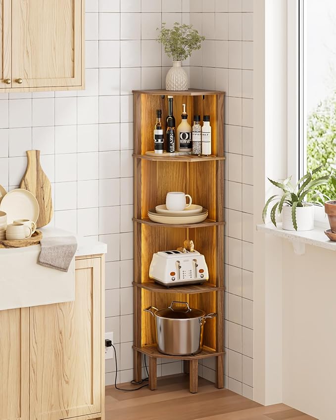 Corner Shelf Stand, 5 Tier Corner Bookshelf,Corner Furniture for Bedroom Display Corner Shelf for Small Space,Wood Shelves with Storage Rack for Living Room,Office,Walnut