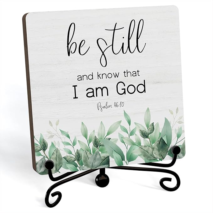 Inspirational Christian Desk Decor, Be Still And Know That I Am God Eucalyptus Sign, Desk Decorations For Office Home Living Room Bathroom, Eucalyptus Shelf Decor, Wooden Plaque With Stand (09)