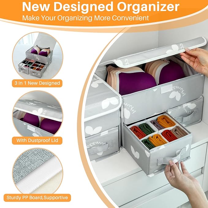 2 Pack Sock Underwear Drawer Organizer Divider - Closet Organizers and Storage Dresser Organizer Wardrobe Clothes Box Storage Bins with Lid for Bra, Socks, Leggings, Shirt, Panty (Grey)