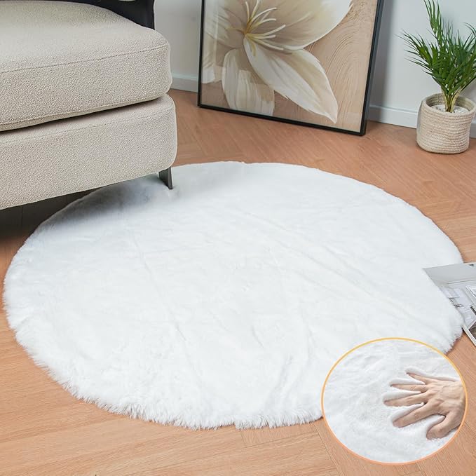 White Faux Rabbit Washable Fur Area Rugs Circle Rugs for Living Room Bedroom Teen Room Fluffy Area Rug 3ft Round Rug