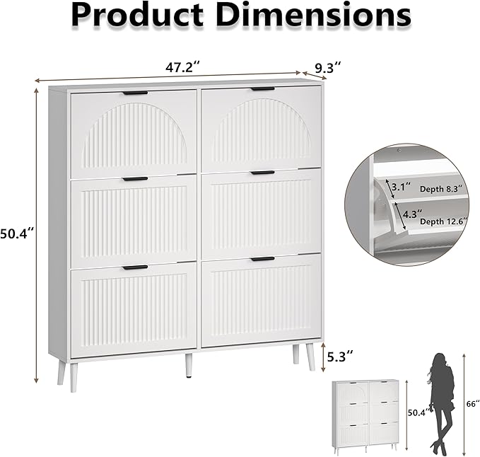 Shoe Cabinet for Entryway with 6 Flip Drawers, Slim Wooden Shoe Storage Organizer with Modern Fluted Pannel，Freestanding Narrow Hidden Shoe Rack for Hallway, Foyer, Living Room