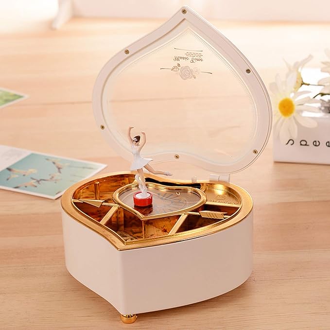 yarlung Ballerina Music Box for Valentine's Day Gift, White Heart Rotating Dancing Girl Gift Box for Jewelry, Trinket, Mother's Day Birthday