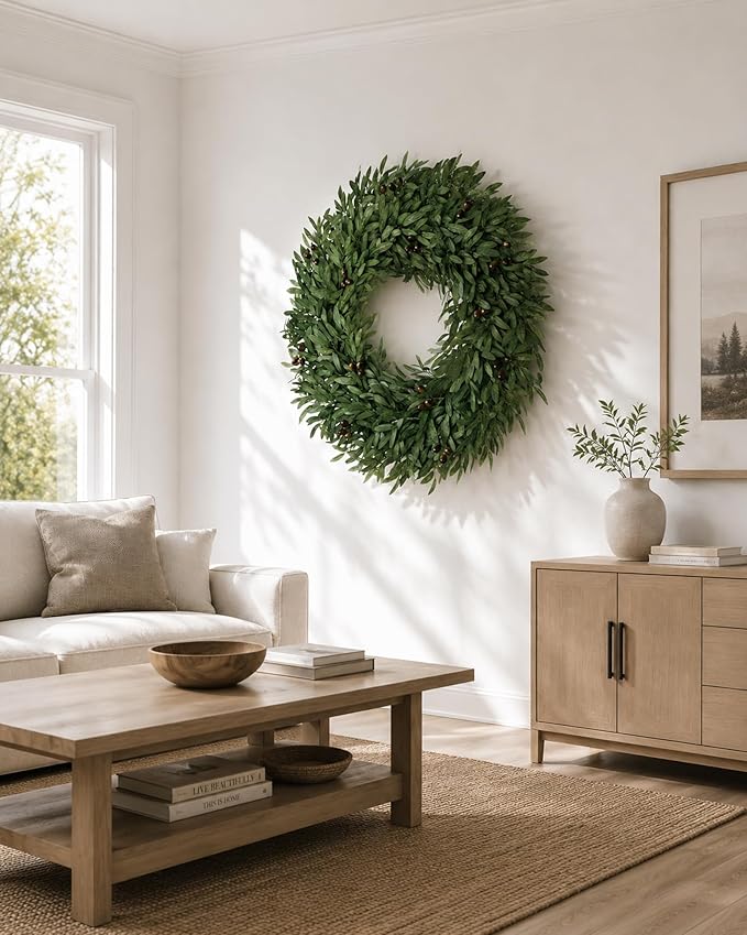 32 Inch Large Olive Wreaths for Front Door, Artificial Large Spring Summer All Seasons Year Round Green Lush Olive Branch Wreath for Home Farmhouse Porch Window Outdoor