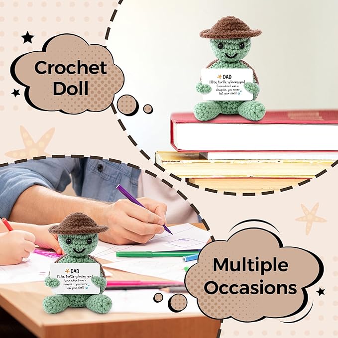 Valentines for Dad Birthday Gift, Handmade Crochet Mini Turtle, Emotional Support Animal Gift from Daughter Son, Funny Sea Turtle Desk Decor, Unique Retirement for Dad (3.74" X 2.56")