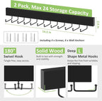 2 Pack Tie Rack Wall Mounted Belt Organizer for Men, Wooden Tie Hanger for Wall Closet with 24 Non-Slip Rotating Hooks Necktie Storage Space Saving, Black