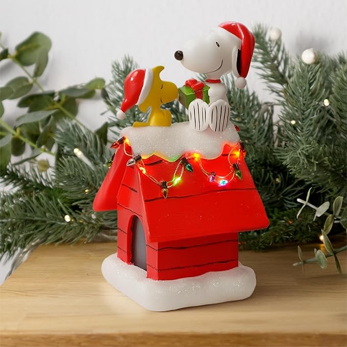 Mark Feldstein, Peanuts Snoopy's Dog House Tabletop Holiday Figurine with LED Christmas Lights, Red, 7.5 Inch