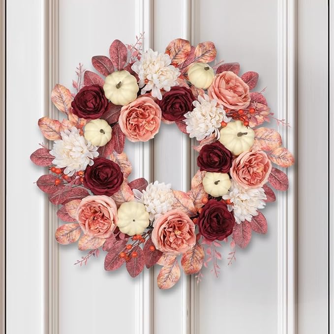 24 Inch Fall Wreaths for Front Door Outside Autumn Silk Flower Wreath with White Artificial Pumpkins, Peony, Rose & Leaves – Fall Door Wreath for Outdoor Indoor Thanksgiving Decor Pink and Burgundy