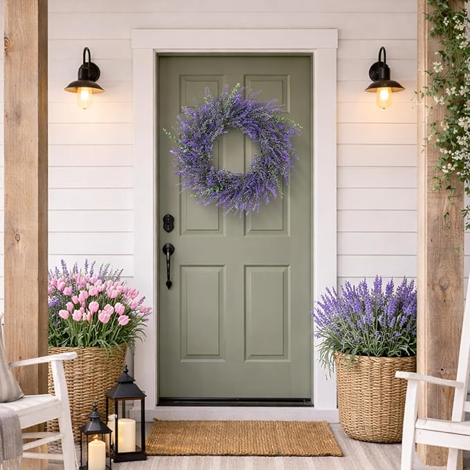 26" Lavender & Eucalyptus Wreath for Front Door - All Season Artificial Wreath for Spring and Summer, Indoor Outdoor Wall, Porch, Window, Rustic Farmhouse Home Decor