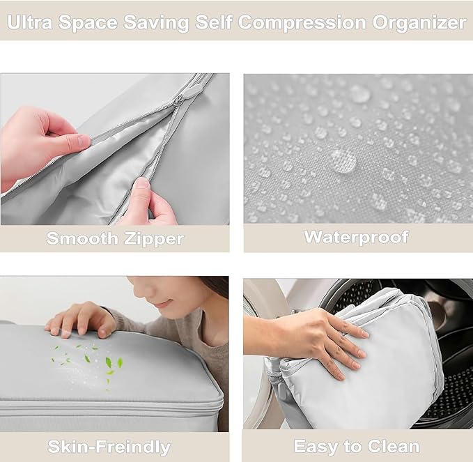 Ultra Space Saving Self Compression Organizer, Large Capacity Storage Bag, Self Compression Heavy Duty Organizer for Comforters Blanket Bedding Duvet (Gray, Thin Version, X-Large, 21x17x24in)