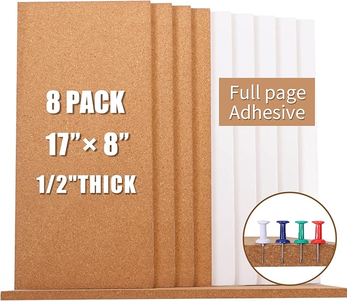 Cork Bulletin Board 17"x8" - 1/2" Thick Cork Board Tiles Frameless Cork Tiles, Self-Adhesive Corkboards Wall Decor Bonus Pushpins (8pack) for Office, School and Home