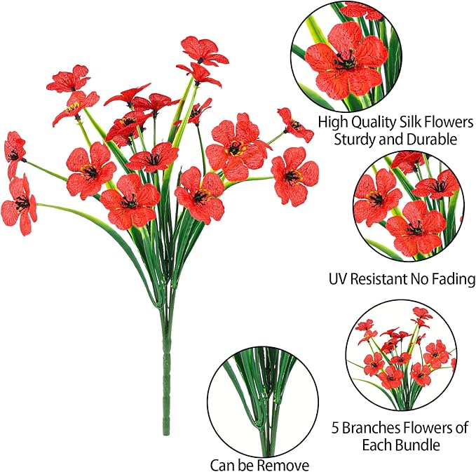 MACTING 12 Bundles Artificial Flowers for Outdoors Fake Flowers UV Resistant Faux Plastic Plants No Fade for Planters Window Patio Porch Garden Home Outside Spring Summer Decorations,Red
