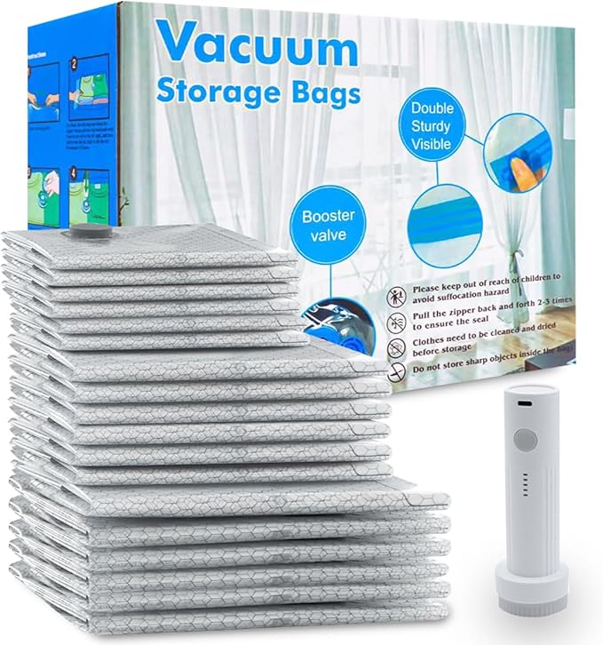 Vacuum Seal Bags 18-Pack with Wireless Pump, 6 Large/6 Medium/6 Sizes, Reusable Storage for Clothes Travel, Luggage & Suitcases, Portable Space Saver