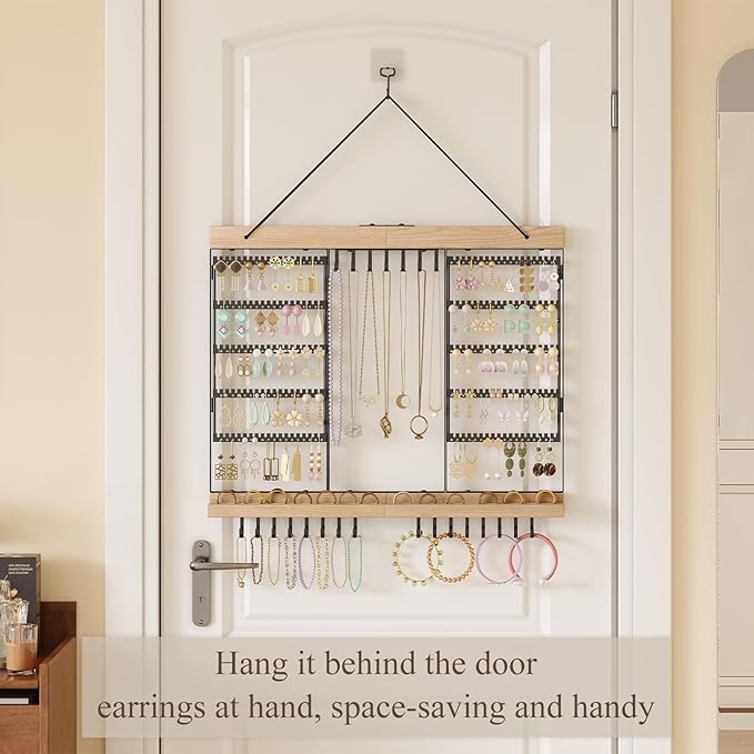 Large Rotating Hanging Jewelry Organizer, 5-Tier Earring Holder Storage Holds up to 180 Pairs, Wall Mounted Jewelry Rack for Earrings, Necklaces, Bracelets and Rings, for Girls, Black