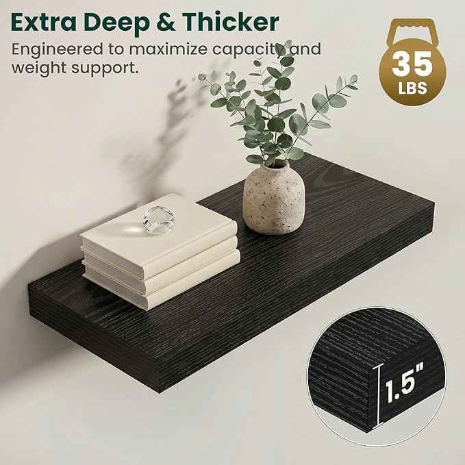 Floating Shelves for Wall 24 in x 9.3 in Deep, Wall Mounted Rustic Wood Shelf with Invisible Brackets for Storage & Display, Living Room Bedroom Bathroom, Black, 2 Pack