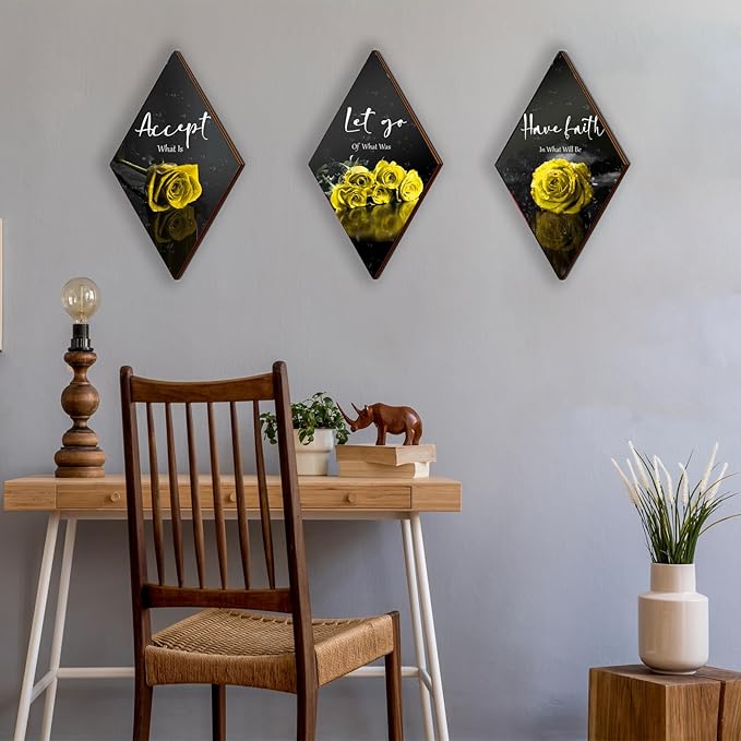 3 Pcs Yellow Rose Bathroom Wall Decor Flower Yellow Decor Inspirational Wooden Wall Art Office Wall Decor with Accept Let Go Have Faith Sign for Girl Women Bathroom Living Room Bedroom(yellow 12 x 7")