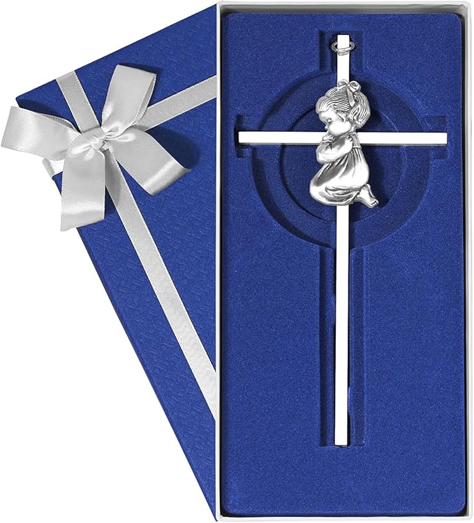 Tryuunion Baby Wall Cross Baptism Gifts for Girl, 7-inch Silver Praying Girls Baptism Crosses for First Holy Communion Christening and Dedication Baptismal Gifts from Godparents