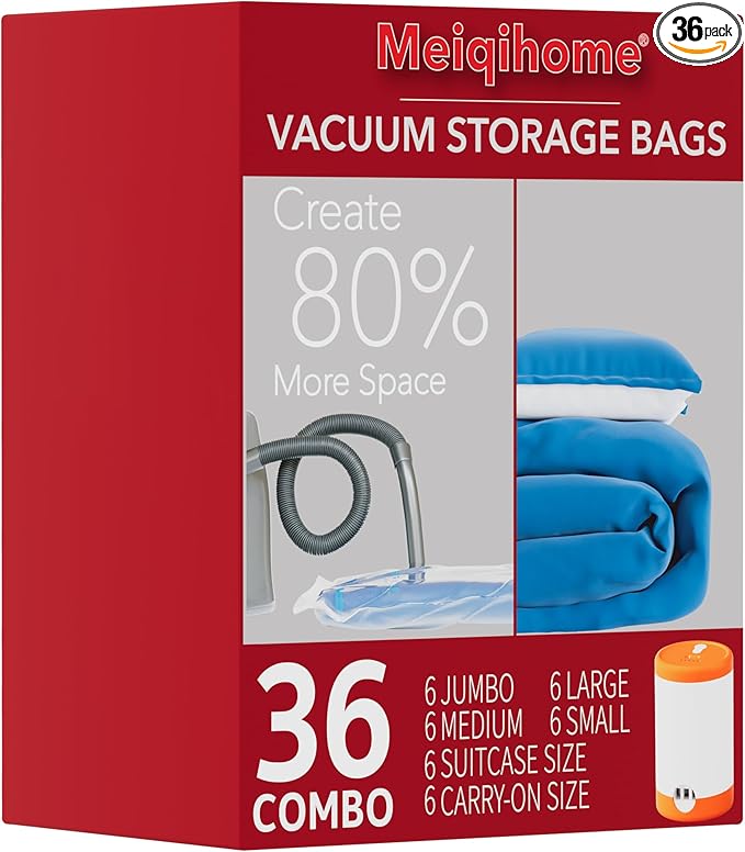 MEIQIHOME Vacuum Storage Bags, Space Saver Sealer Bags,Vacuum seal bags for clothing, Pillows, Comforters, Blankets, Bedding,36 Pack Vacuum Storage Bags with Electric Pump