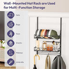 SWTYMIKI Over Door Hat Organizer - 3 Tier Wall Mounted Hat Rack with 2 Adjustable Metal Basket and 3 Hooks, Hanging Baseball Cap Organizer Storage Holds up to 29 Caps for Door, Bedroom, Closet
