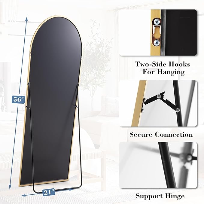 DUMOS 56"x15" Arched Full Length Floor Mirror, Full Body Mirror with Stand, Shatterproof Tempered Glass, Modern Aluminum Alloy Frame, Free Standing or Leaning for Home Decor, Gold