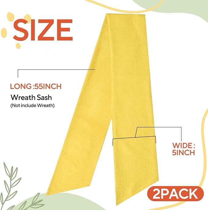 2 Pcs Yellow Wreath Sash for Front Door Linen Wreath Ribbon Bow for Yard Porch Garland Home Decor