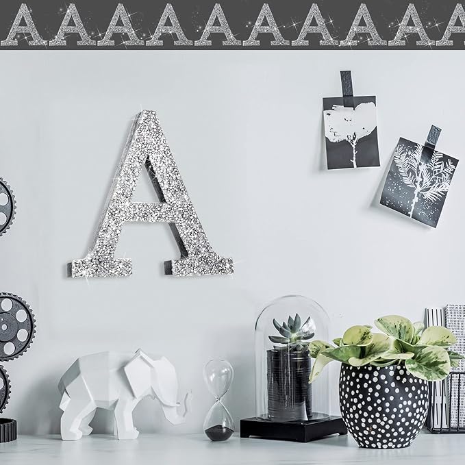 Qunclay 5.7" Silver Crystal Diamond Bling Letters Crushed Diamond Decoration Wooden Glitter Letter with Screw and Hooks Rhinestone Gift for Wedding Y2k Mcbling Bedroom Wall Decor (Letter A)