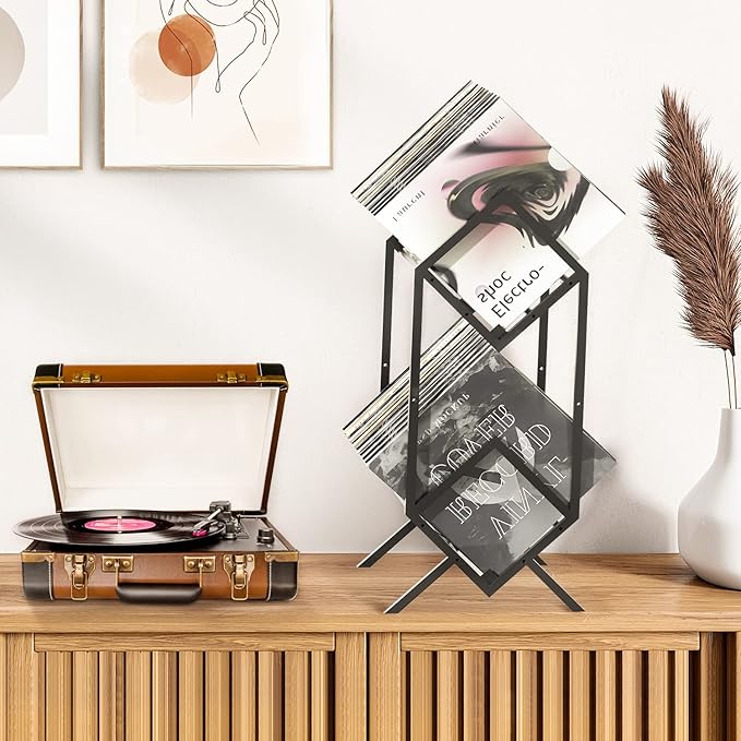 RUILALIFE 2-Tier-Vinyl-Record-Storage-Holder With Dividers, 200 LPs Albums Storage Rack Shelf, Steel Music Records Display Shelf Organizer For Book, Magazine, Files