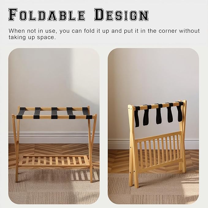 Bamboo Luggage Rack with Shoe Shelf Folding Suitcase Stand with 5 Heavy-Duty Straps for Guest Room Living Room Hotel Ideal Luggage Holder for Suitcases Bags Shoes,Nature
